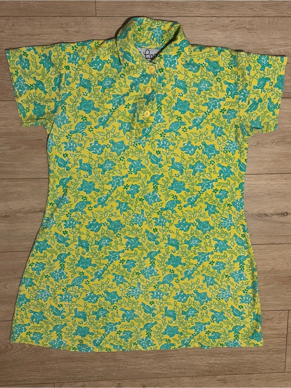 Lilly Pulitzer Turtle Print Yellow and Teal Polo Shirt Dress With Button Front